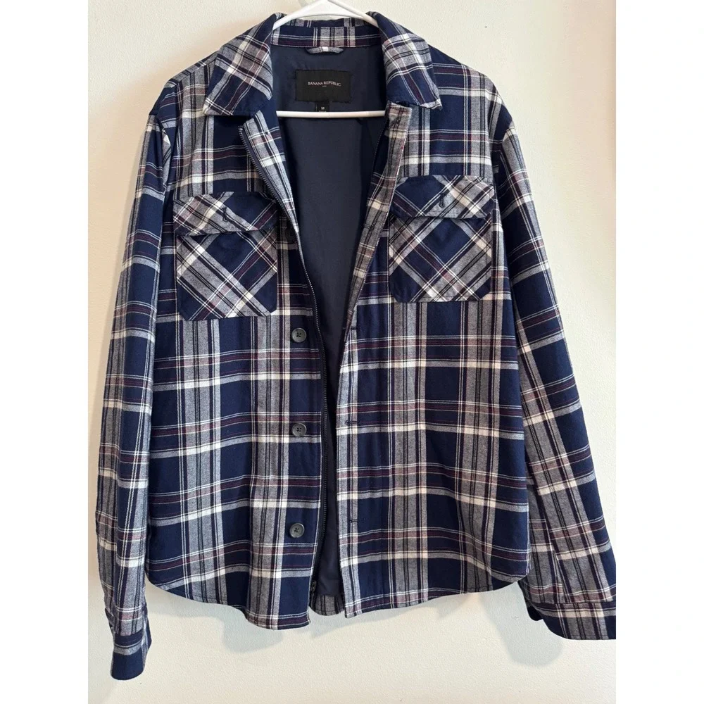 Shacket Banana Republic Plaid Zip Front Shirt Jacket Mens M Navy Flannel Lined